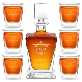 Maverton Whisky Karaffe 800 ml + 2/4 / 6er Whisky Gläser Set mit Gravur - Glas Karaffe mit Gläsern - personalisiertes Whiskey Decanter Set für Männer - für Whiskygenießer - Magister