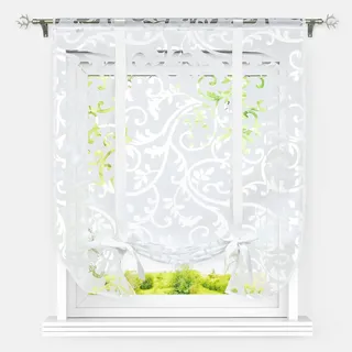 Heichkell Raffrollo Tunnelzug Band Raffgardinen Ausbrenner Transparente Scheibengardine Küche Modern Kurze Fenster Vorhang Ranken-Ausbrenner Weiß BxH 100x140cm