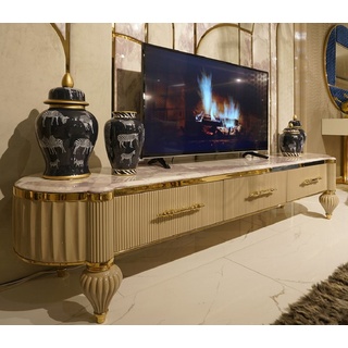 Casa Padrino Luxus Art Deco TV Schrank Weiß / Grau / Gold - Handgefertigtes Massivholz Sideboard mit 3 Schubladen - Luxus Art Deco Wohnzimmer & Hotel Möbel