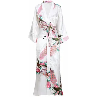 BABEYOND Damen Morgenmantel Maxi Lang Seide Satin Kimono Kleid Pfau Muster Kimono Bademantel Damen Lange Robe Schlafmantel Girl Pajama Party - Einheitsgröße