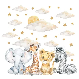 Pandawal Wandaufkleber Kinderzimmer Babyzimmer Deko Wandtattoo Baby Safari Tiere Wolken Mond Sterne Wanddeko (XL)