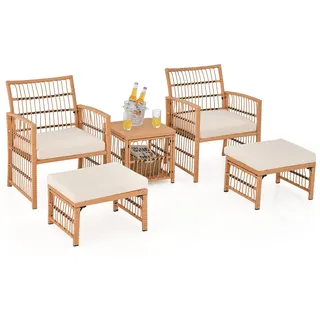 FANTASK 5 TLG. Rattan Balkonset, Gartenmöbel Set inkl. 2 Stühle mit Kissen, Hocker & Tisch, Gartenmöbel Set, Gartengarnitur, Sitzgruppe, Balkonmöbel für Garten, Balkon, Terrasse
