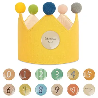 URAQT Geburtstagskrone Kinder, Geburtstagskrone Stoff, Geburtstag Kinderkrone, Krone Geburtstag für Jungs Mädchen mit Happy Birthday Spruchband und Auswechselbaren Zahlen von 0-9 (Gelb)