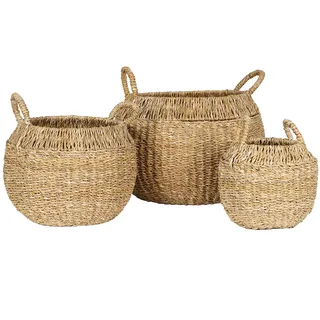 3er-Set Seegras-Körbe mit Henkel braun - Runde Flechtkörbe versch. Grössen - Dekorative & stilvolle Aufbewahrung Landhaus-Stil - Stapelbar