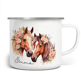 MIKALINO Emaille Tasse Mädchen - Trinkbecher Kinder personalisiert - Emaille Becher mit Zwei Pferde mit Blumen und Wunschname-Motiv - Kindertasse mit Namen - Kindertasse bedruckt