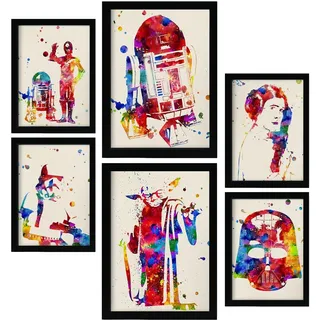 POSTER Set Mit 6 Star Wars Aquarell Illustrationen Klassischer Science Fiction Geschichten Und Filme Innenarchitektur A3 & A4 Schwarzer Rahmen