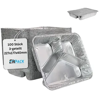 Enpack Aluschale R819-960G - 100 Stück Aluschalen Grill dreigeteilt 960ml - Wärmebehälter für Speisen - Fettauffangschale als Grill Zubehör, Food Container - feuerfeste Alu Grillschale