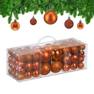 Relaxdays Weihnachtskugeln im 76er Set, Kunststoff, glitzernde, Matte, glänzende Baumkugeln, Christbaumschmuck, orange