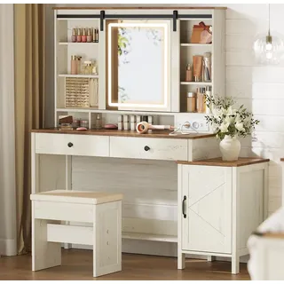 VASAGLE LIRY Kollektion - Schminktisch mit Spiegel, Beleuchtung, Hocker, Ladestation, 2 Schubladen