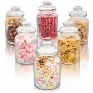 Praknu Vorratsglas 6er Set Bonbonglas mit Deckel Groß 1L, Glas, (Set, 6-tlg), Candy Bar Gläser - Luftdicht - Mit Etiketten - Für Kekse, Süßigkeiten weiß