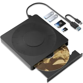 External CD/DVD Drive, LightScribe External DVD Drive with SD/TF Port | CD Burner DVD Player USB 3.0/Type C, CD Rome External Drive for PC Laptop Windows Linux