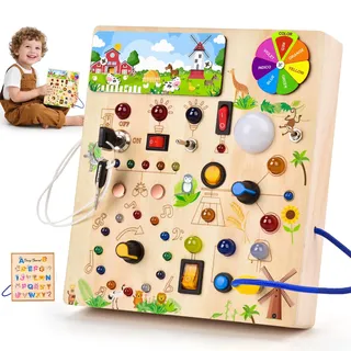 Fwiull Montessori Spielzeug ab 1 Jahr Baby Montessori Busy Board | Activity Board Montessori Motorikspielzeug mit 29 LED-Lichtschalter Sensory Learning Toys Geeignet für 1 2 3 4 Jahre