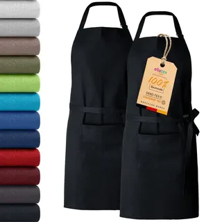 2er Pack EllaTex Kochschürze Latzschürzen 100% Baumwolle Unisex Schürzen verstellbar mit Tasche Grillschürze Küche, Farbe: Schwarz - Schwarz