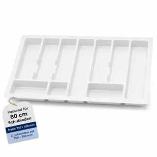 Besteckkasten für Schubladen 80 cm, Weiß, Einstellbar Breite 73 - 49 cm | Schubladen Organizer mit Fächern, zuschneidbar, robuster Kunststoffeinsatz, Besteckeinsatz für Besteck und Küchenutensilien