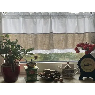 Bistrogardine Kurzgardine Weiß Grau mit Spitze 100% Leinen und Baumwolle 140 x 42 cm Landhaus Shabby Retro Mona