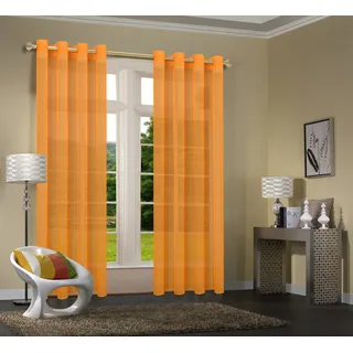 Uni -20332CN- 2er-Pack Orange Vorhang Transparent Gardinen Set Wohnzimmer Voile Vorhang Ösenvorhang HxB 245x140 cm mit Bleibandabschluß Orange