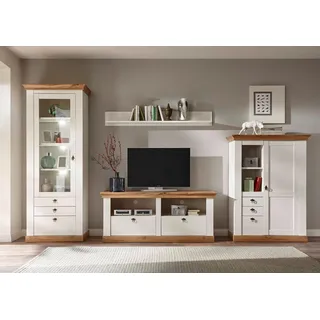 Home affaire Wohnwand Cremona, Anbauwand im Landhausstil, Komplettset, Wohnzimmer-Set, enthält Vitrine, Lowboard, Stauraumelement und Wandboard, 356 cm breit weiß