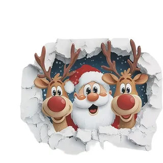 Wandtattoo Weihnachts Wandaufkleber, 50x40 Cm 3D Effekt Weihnachtsmann Und Rentier Bricht Durch Die Wand Aufkleber Aus PVC, Abnehmbare Weihnachtsaufkleber Für Zuhause, Büro
