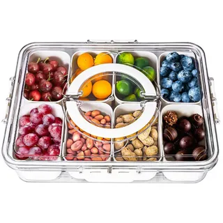Snackbox mit 8 Fächern & Deckel - Tragbare Snackschale mit Griff, Luftdicht & Spülmaschinenfest, Snackteller aus PP für Gewürze Süßigkeiten Nüsse & Obst - Ideal für Picknick & Reise (Weiß/Transparent)