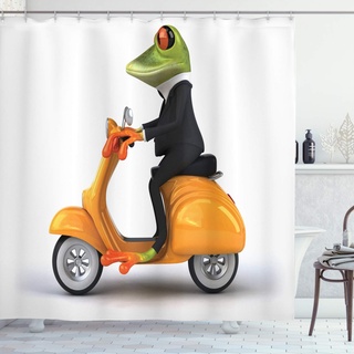 ABAKUHAUS Lustig Duschvorhang, Italienisch Frosch Motorrad, Stoffliches Gewebe Badezimmerdekorationsset mit Haken, 175 x 240 cm, Grün Schwarz Orange