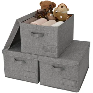 GRANNY SAYS Aufbewahren Boxen mit Deckel Stoff, 3 Stück Kisten Aufbewahrung mit Deckel für Schrank, Dunkelgrau Boxen mit Deckel Aufbewahrung, Faltbare Aufbewahrungskorb mit Deckel, Faltbox mit Deckel