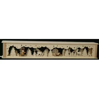 Rudolphs Schatzkiste Schwibbogen-Fensterbank Schwibbogenerhöhung mit Waldarbeiter Tieren und Beleuchtung 72 x 10 x 10 cm