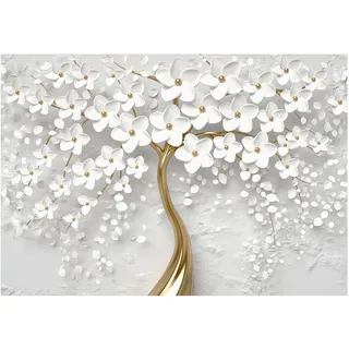 WallArena - Vlies Fototapete Blumen 3D Effekt weiß gold Baum 208x146 cm - Fototapeten - Tapeten - für Wohnzimmer Schlafzimmer - Vliestapete Wandtapete Tapete 3D Effekt- inkl. Kleister