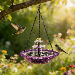 Vogeltränke Hängend mit Solarbrunnen, Solar Vogeltränke Balkon, Vogelbad Garten zum Aufhängen, Wassertränke für Vögel mit Springbrunnen Wasserspiel,Metall Trinkschale Vögel für Garten Hof Outdoor (C)
