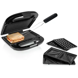 Tristar Sandwichmaker, 750 W, Toaster XXL 3in1 Elektro Kontakt Tisch-Grill Waffeleisen & Gabel schwarz|silberfarben