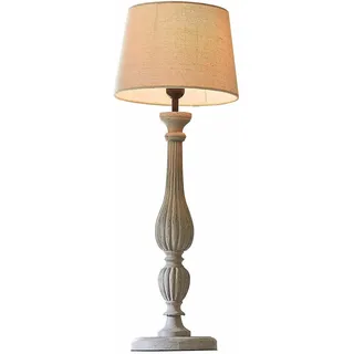 LOBERON Tischlampe Zepinal, Kunstvoll Gedrechselter Lampenfuß, Klassisch-elegantes Design, Tischleuchte, Kiefernholz, Leinen, Polyester, antikgrau/creme