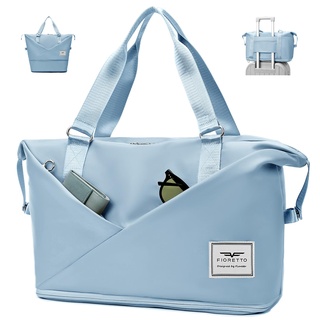 FIORETTO Erweiterbare Damen-Reisetasche, Duffle Bag mit Laptop-Fach, Handgepäck-Tasche mit Trolley-Hülle, Weekender Fitnesstasche Trainingstasche Krankenhaustasche mit Schuhfach und Nassfach Blau