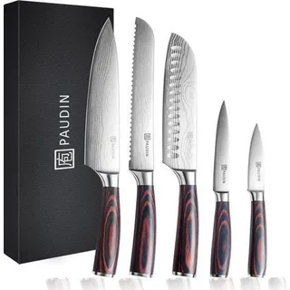 PAUDIN NS5 Messerset – 5-teilig | Japanische Messer | Kochmesser | Brotmesser | Santokumesser | Gemüsemesser | Edelstahl mit Damastmuster