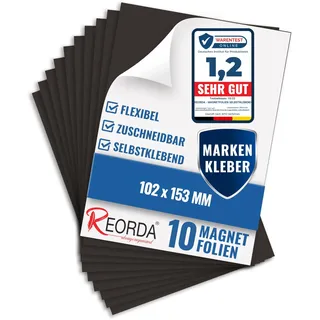 REORDA® Magnetfolie selbstklebend 10er Set - Magnetpapier mit starkem Marken-Kleber - Magnetplatte zuschneidbar für Kühlschrank, Tafeln & Poster - Magnetische Folie selbstklebend für's Basteln