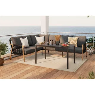 Ambia Garden Dining-Loungeset, Natur, Dunkelgrau, Metall, Glas, Textil, 4-teilig, Füllung: Polyester,Schaumstoff, Polyester, links montierbar, rechts montierbar, 205.5x265.5 cm, rostfrei, wetterbeständig, wetterfest, Loungemöbel, Gartenlounge-Sets