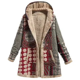 UPOI Jacke Damen Boho Bunt Mantel Warm Winterjacke Lang Bunt Hippie Blumendruck Übergangsjacke Vintage Jacke Winter Outwear Parka Kapuzenjacke Oversized Outdoorjacke Langarm Plüschjacke - 4XL