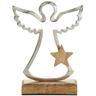 X-Mas Dekoengel, Braun, Silber, Holz, Metall, Mangoholz, Hartholz, Uni, Engel, 15x21x5 cm, Handmade in India, handgemacht, Dekoration, Weihnachtsdekoration, Winterdeko