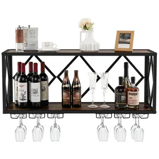 KOMFOTTEU Weinregal Wandregal Flaschenregal Flaschenhalter, mit Glashalter, 100 × 25 × 45cm braun