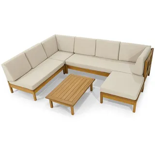 JVmoebel Gartenlounge-Set Designer U-Form Ecksofa mit Holz-Couchtisch und Hocker, (Gartenmöbelset (U-form Ecksofa + Hocker + Couchtisch), Made in Europa braun|weiß