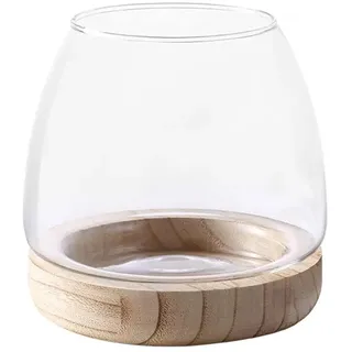 TITA-DONG Glas-Fischglasvase mit Abnehmbarem Holzsockel, Kleine Desktop-Glas-Fischglasvase, Hydrokultur-Pflanzen-Terrarium, ökologisches Aquarium, Glas-Blumenvase für Betta-Fische und Goldfische(A)