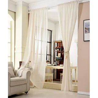 Woltu Gardinen transparent mit Kräuselband Vorhang Leinenoptik Halbtransparent Voile Leinenvorhang Stores Fensterschal Dekoschal Wohnzimmer Kinderzimmer