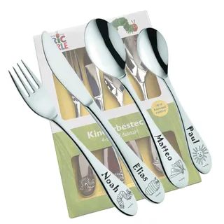 Raupe Nimmersatt Kinderbesteck mit Gravur - Personalisiertes Besteck mit Namen oder Datum - Edelstahl Kinderbesteck Set mit Gravur - Geschenk zur Geburt, Taufe, Geburtstag, Geschenk Junge & Mädchen