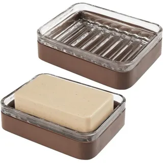 mDesign Badaccessoire-Set mDesign Seifenschale Seifenkorb Seifenbox 2er Set Glas Bambus Braun