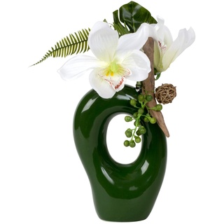 Moderne Dekovase Blumenvase Vase grün aus Keramik inklusive Orchideen Deko Höhe 30 cm