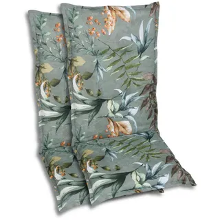 Sesselauflagenset, Braun, Grau, Grün, Blaugrau, Textil, 2-teilig, Blätter, Füllung: Schaumstoff, Vlies, 50x7x120 cm, Oeko-Tex® Standard 100, pflegeleicht, hochwertige Qualität, langlebig, für den Außenbereich geeignet, mittels Bändern zu befestigen, Gurtband befestigen, Outdoor-Kissen, Gartenstuhlauflagen, Hochlehner-Auflagen