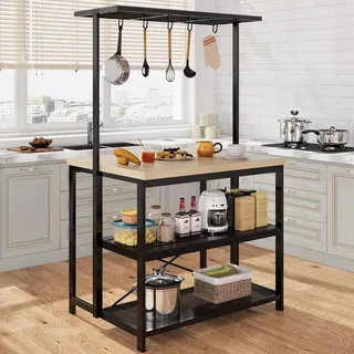GarveeMore Kücheninsel Freistehend Küchenschrank Mit 2 Offenes Aufbewahrungsregal & Obenhalterung, Küchenregal Standregal Mikrowellen-Regal Mit 5 Haken Für Küche Und Esszimmer, 107 x 72 x 183cm