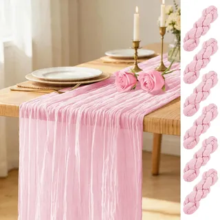 6er-Pack Tischläufer Rosa, 45 x 275 cm Käsetuch Tischläufer, Boho-Gaze-Tischläufer, rustikale Käsetuch-Tischläufer aus transparentem Stoff für Hochzeitsfeier, Brautparty, Tischdekoration