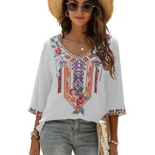 drakloak Bluse Stickerei Damen Boho Oberteile Tunika Folklore Hippie Blusen Bohemian Kleidung - 3XL
