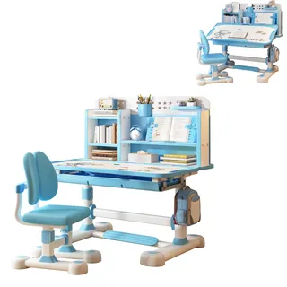 yoakaiax Kinder-Schreibtisch- und Stuhl-Set, höhenverstellbar, Kinderschreibtisch mit Stuhl, Kinderschul- und Stuhl-Set mit Sitzkorrektur, ergonomischer Schreibtischstuhl mit Buchständer, Fußpedal,