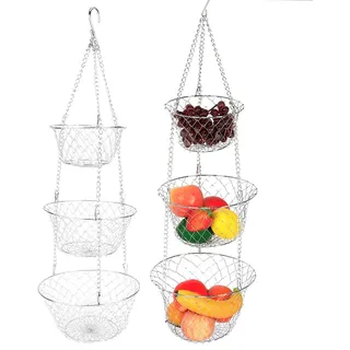 3-stöckiger Hängender Obstkorb, Blumenkorb, Eisendraht, Hängender Gemüseaufbewahrung, Obst-Organizer-Korb, Metall-hängender Küchen-Obstkorb, Aufbewahrungs-Organizer-Korb für die Küchenaufbewahrung