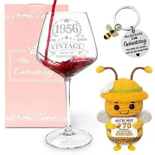 70. Geburtstag Geschenkset für Frauen – Vintage 1956 Personalisiertes Weinglas Geschen, Handmade Pocket Hug Biene & Schlüsselanhänger – Geschen
